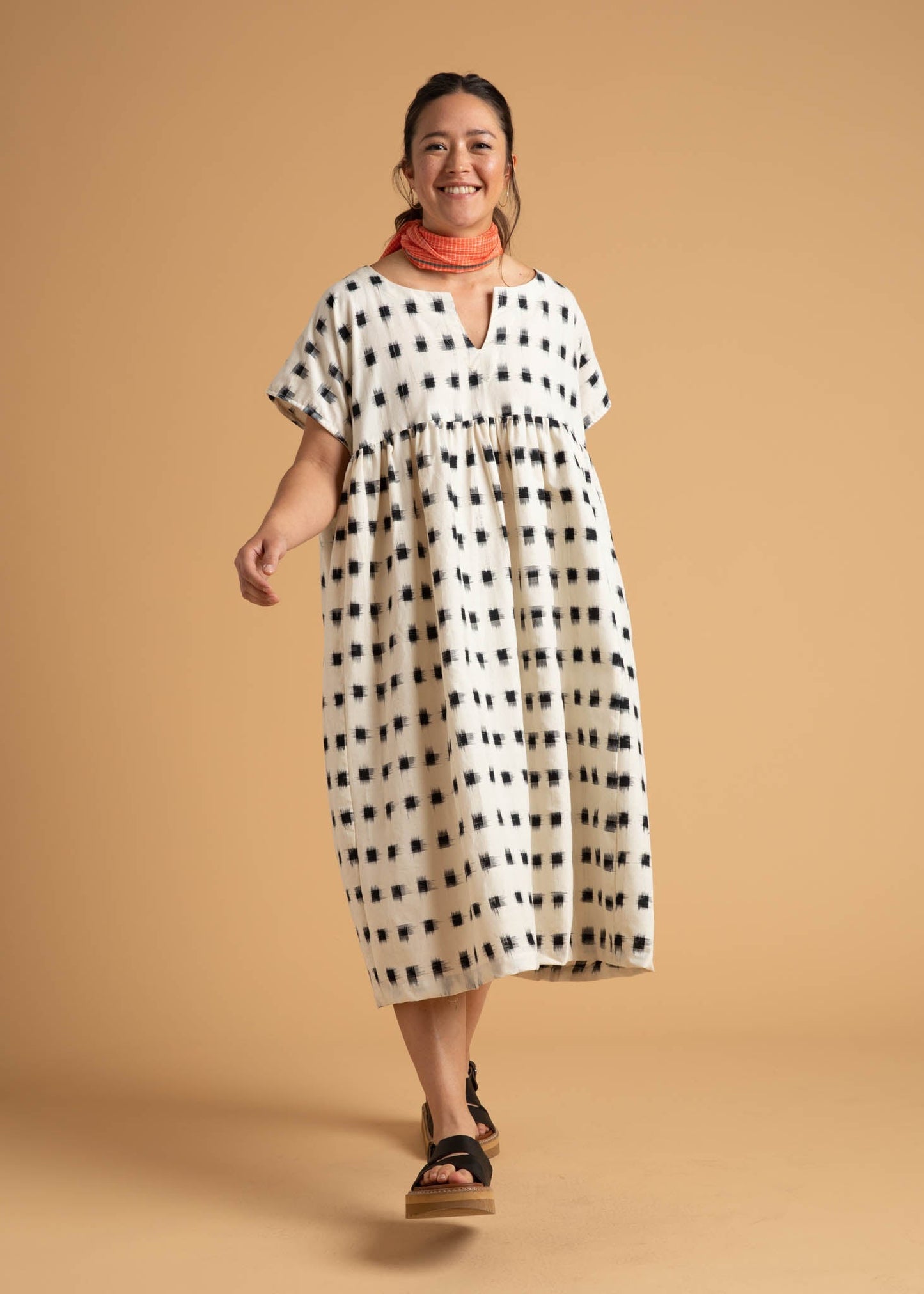 Meadow Dress - Ikat Squares Natural Black